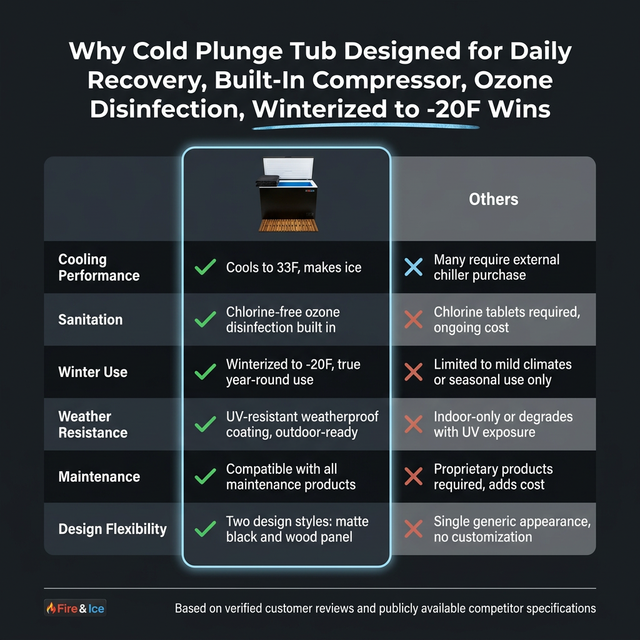 Cold Plunge Tub Designed for Daily Recovery, Built-In Compressor, Ozone Disinfection, Winterized to -20F — Comparison